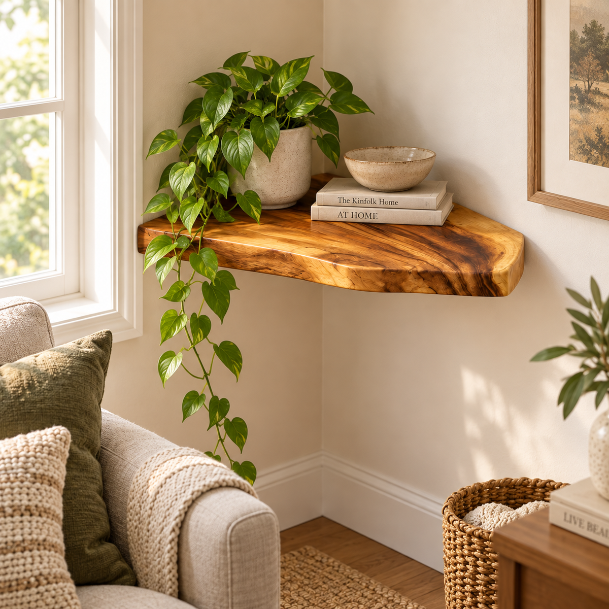 Solid Wood Corner Floating Shelves – Golden Grain, Set of 3 + Free Small Shelf