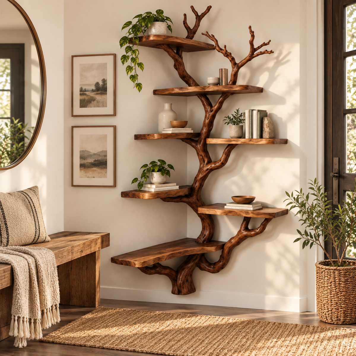 Tall Driftwood Corner Tree Bookshelf