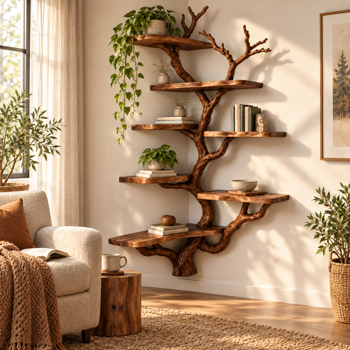 Tall Driftwood Corner Tree Bookshelf