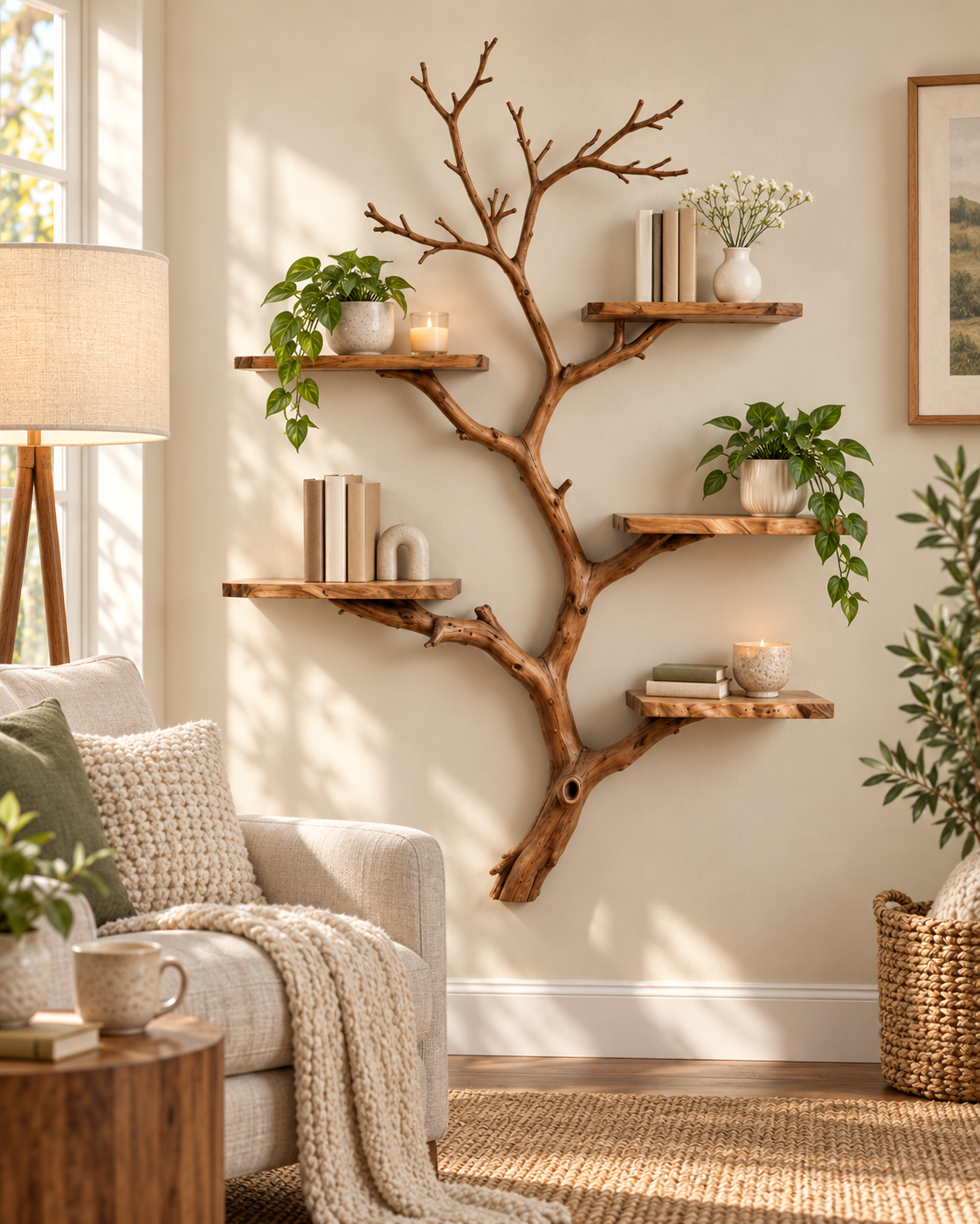 Tall Driftwood Tree Wall Display Shelf