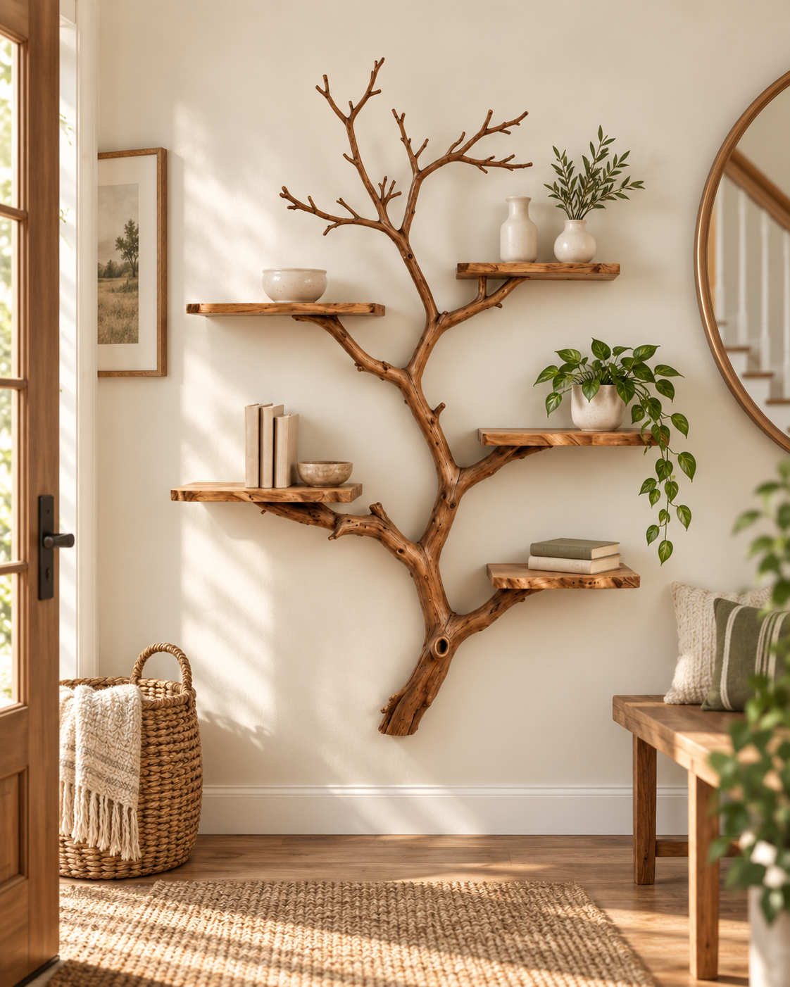 Tall Driftwood Tree Wall Display Shelf