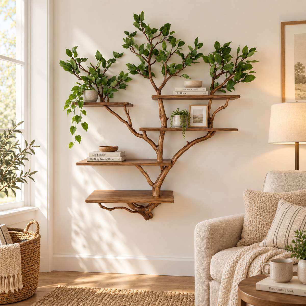 Tall Multi-Tier Tree Branch Wall Shelf