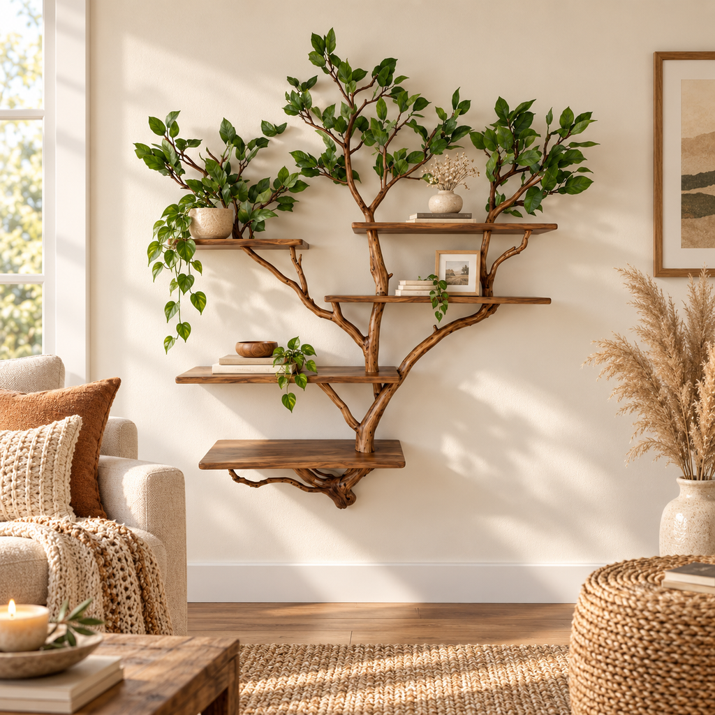 Tall Multi-Tier Tree Branch Wall Shelf