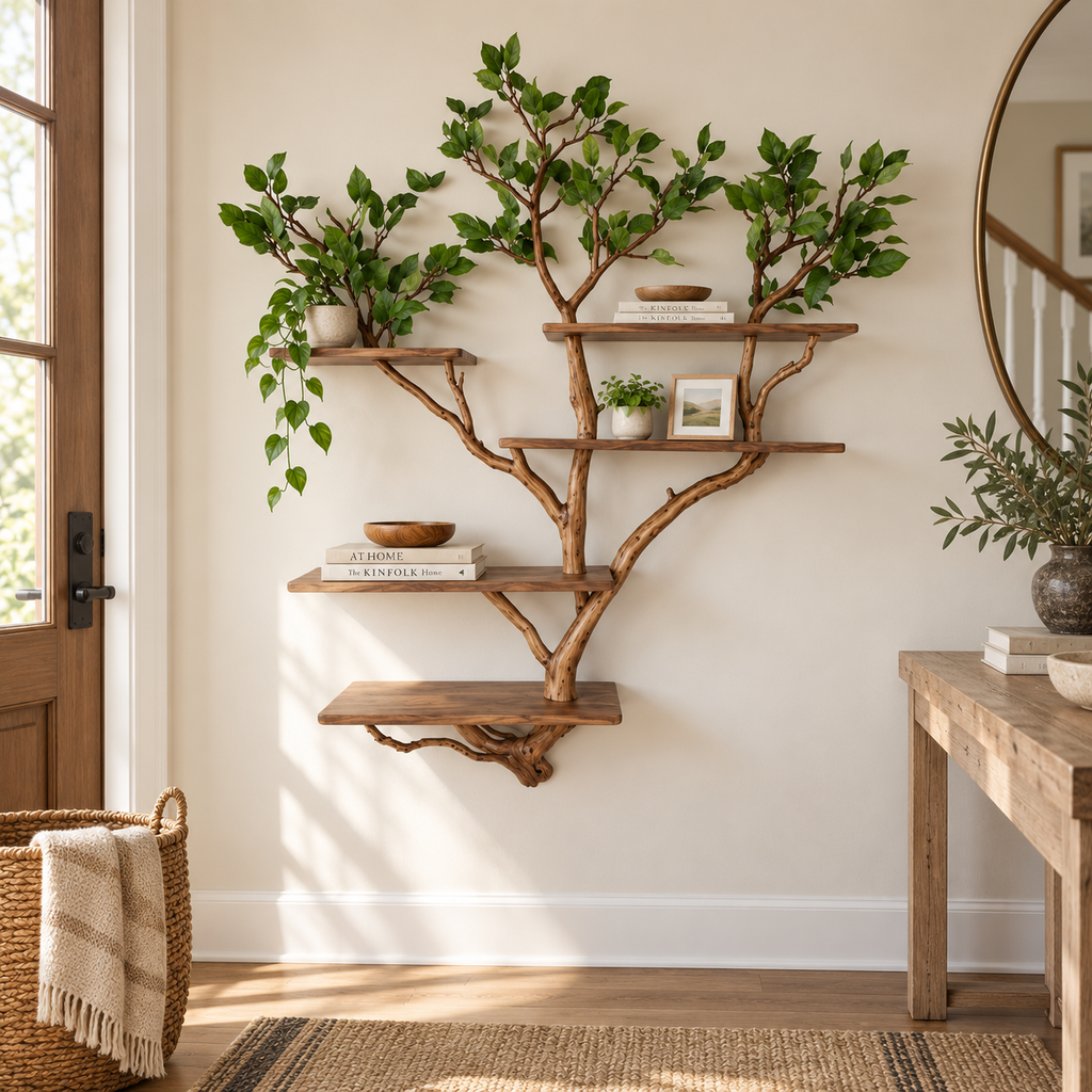 Tall Multi-Tier Tree Branch Wall Shelf
