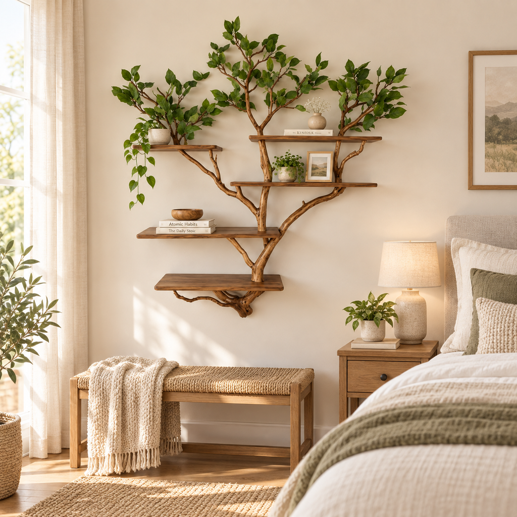 Tall Multi-Tier Tree Branch Wall Shelf