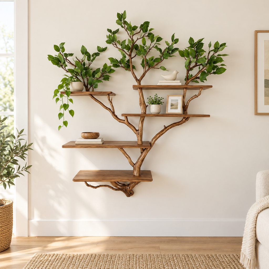 Tall Multi-Tier Tree Branch Wall Shelf