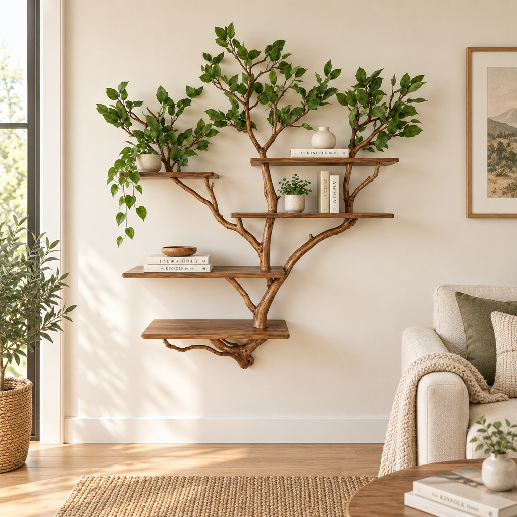 Tall Multi-Tier Tree Branch Wall Shelf