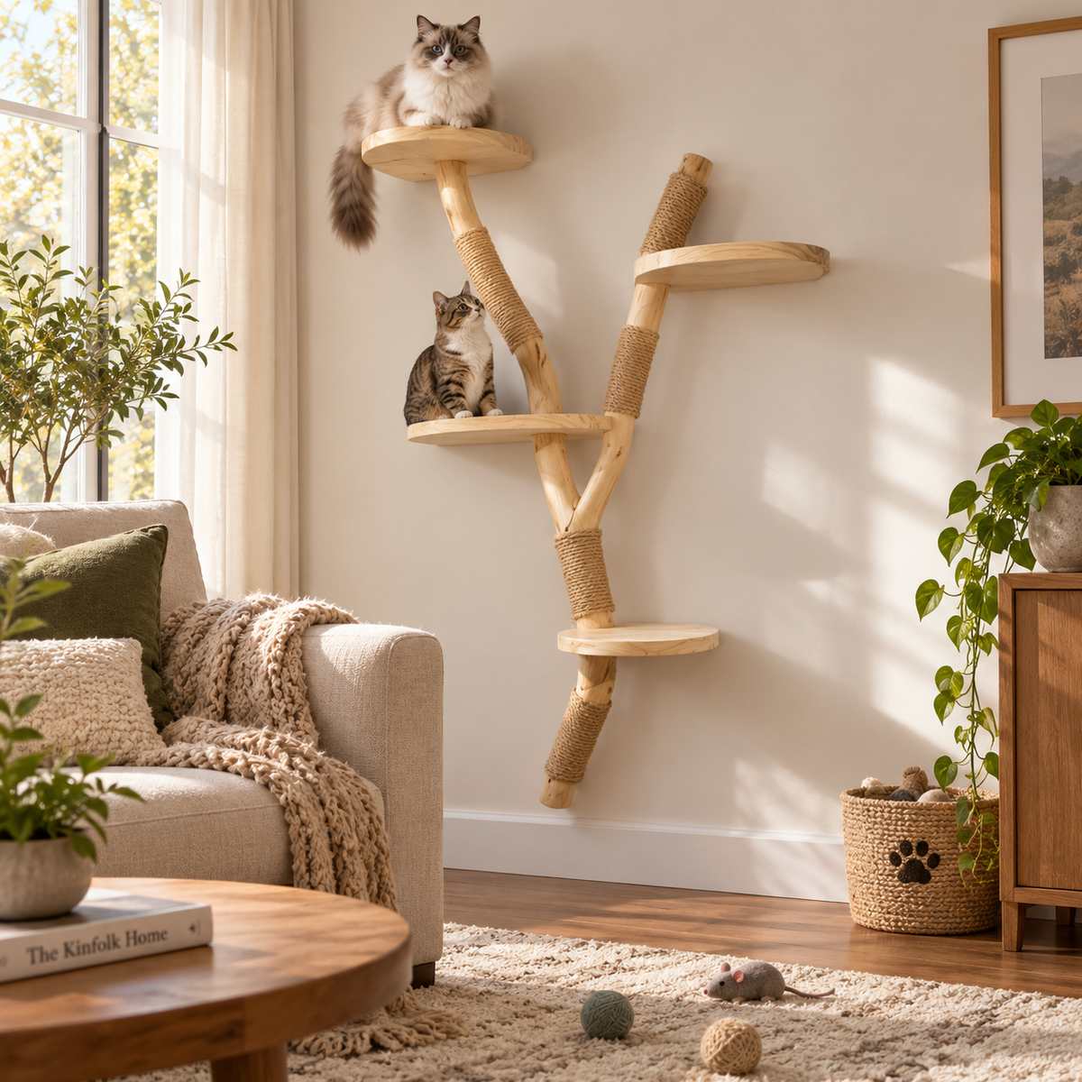 Tall Wall-Mounted Natural Wood Cat Climbing Tree