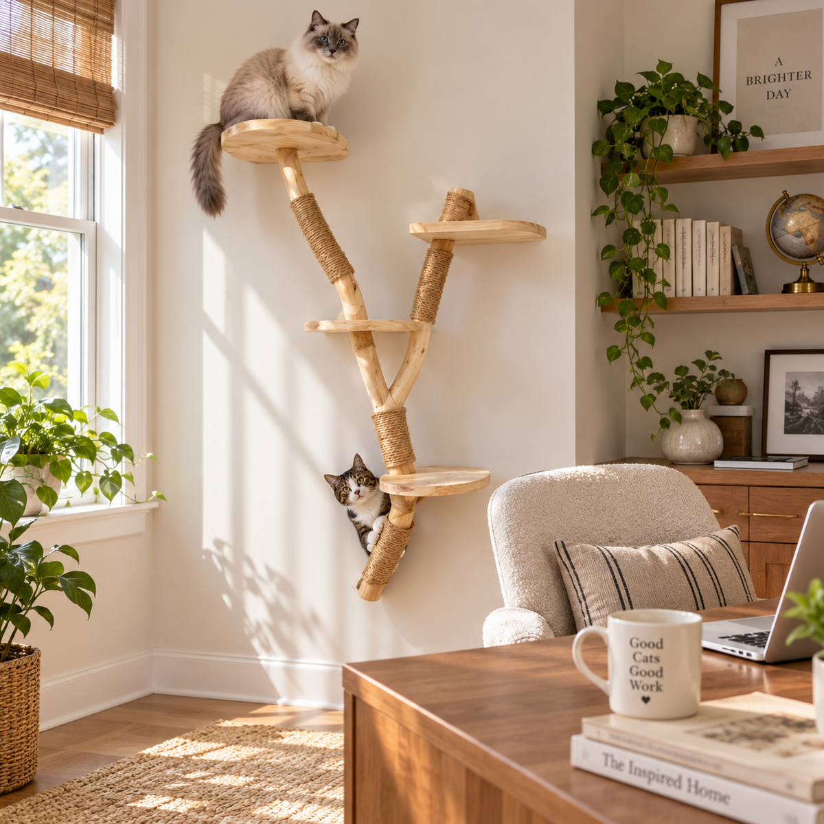 Tall Wall-Mounted Natural Wood Cat Climbing Tree