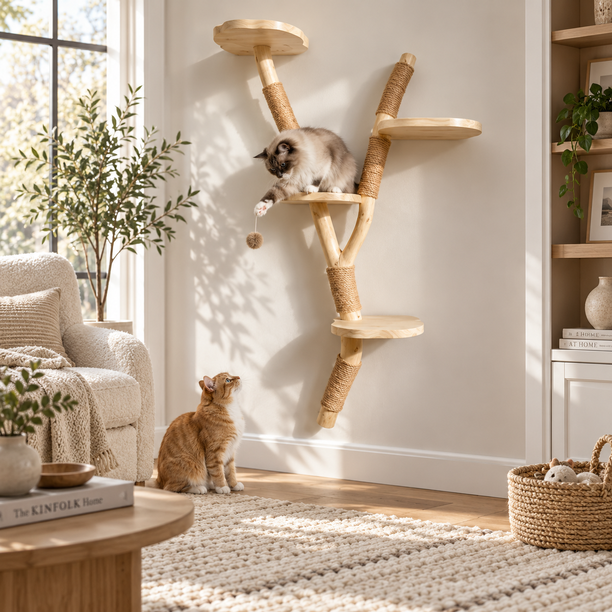 Tall Wall-Mounted Natural Wood Cat Climbing Tree
