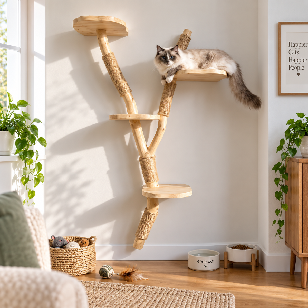 Tall Wall-Mounted Natural Wood Cat Climbing Tree