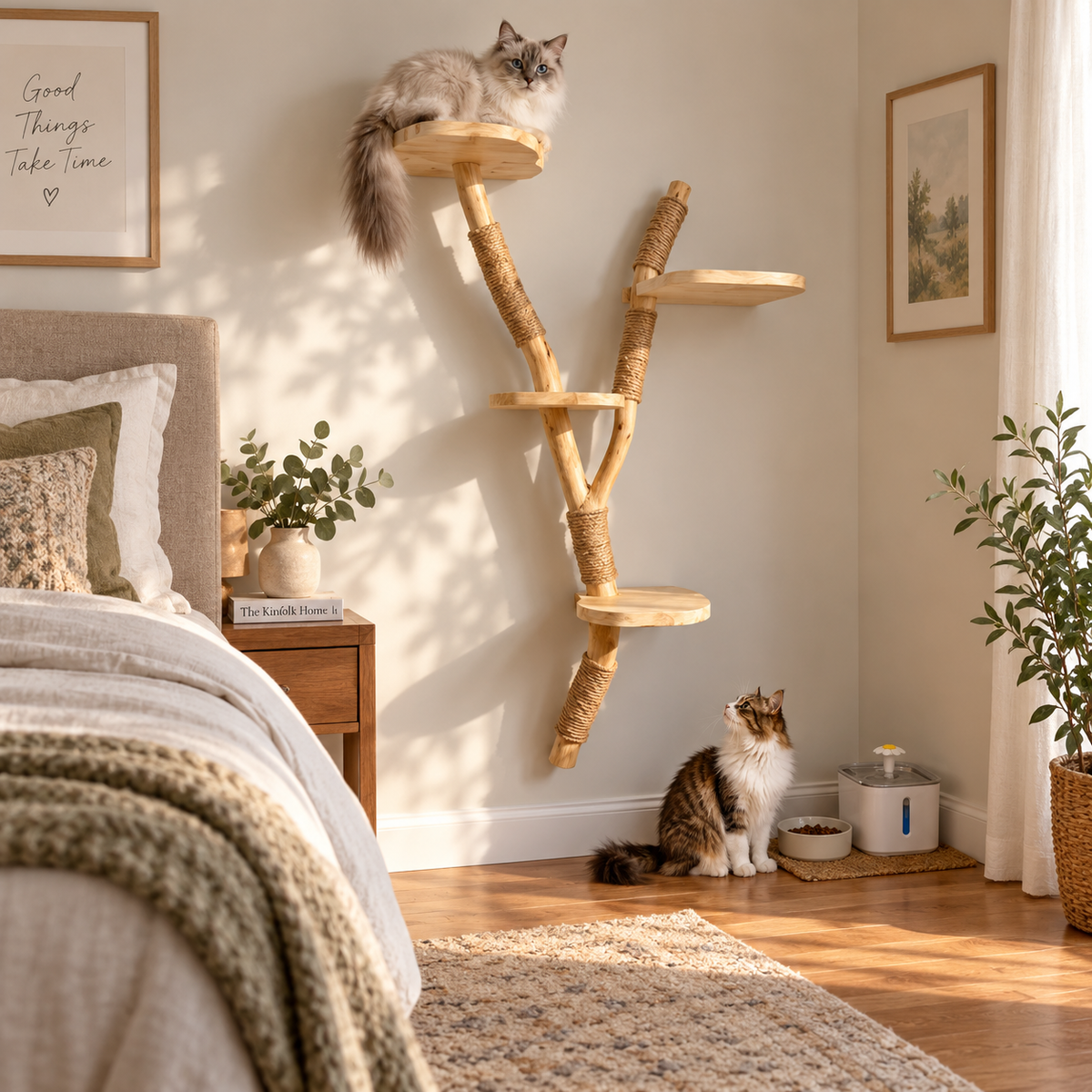 Tall Wall-Mounted Natural Wood Cat Climbing Tree