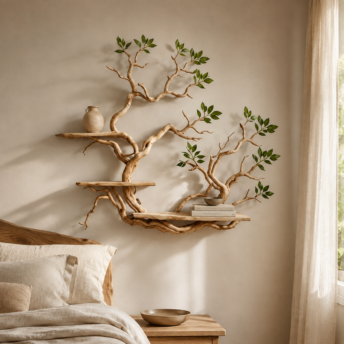 Tree Branch Bookshelf Wall Art – Natural Wood Floating Shelves