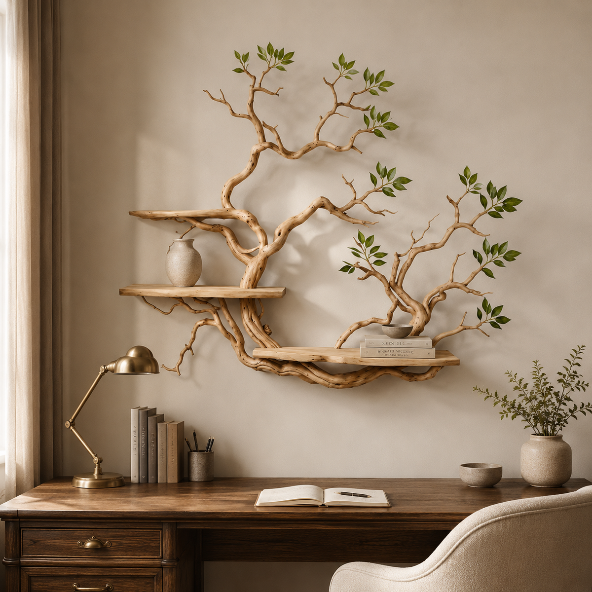 Tree Branch Bookshelf Wall Art – Natural Wood Floating Shelves