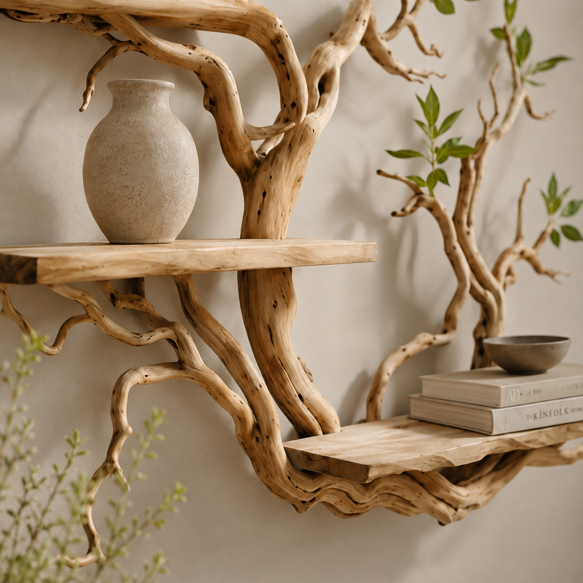 Tree Branch Bookshelf Wall Art – Natural Wood Floating Shelves