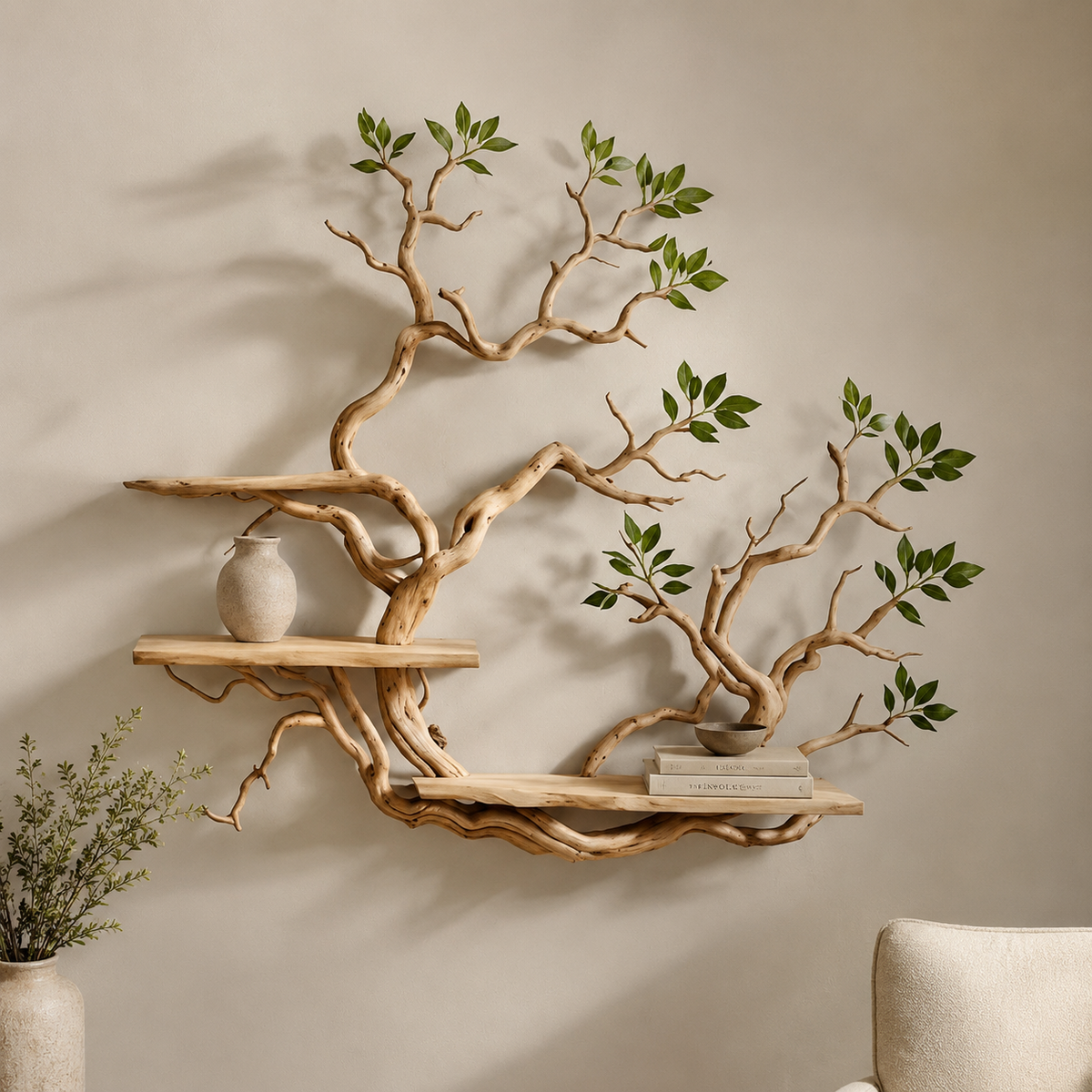 Tree Branch Bookshelf Wall Art – Natural Wood Floating Shelves