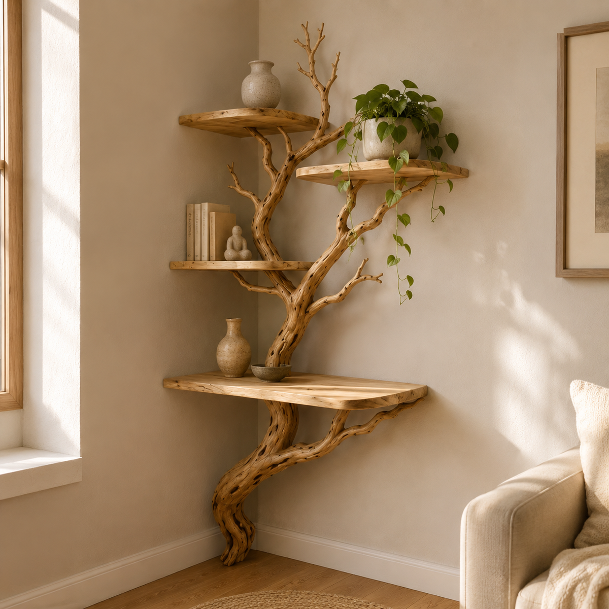 Tree Branch Corner Shelf – Natural Wood Floating Bookshelf