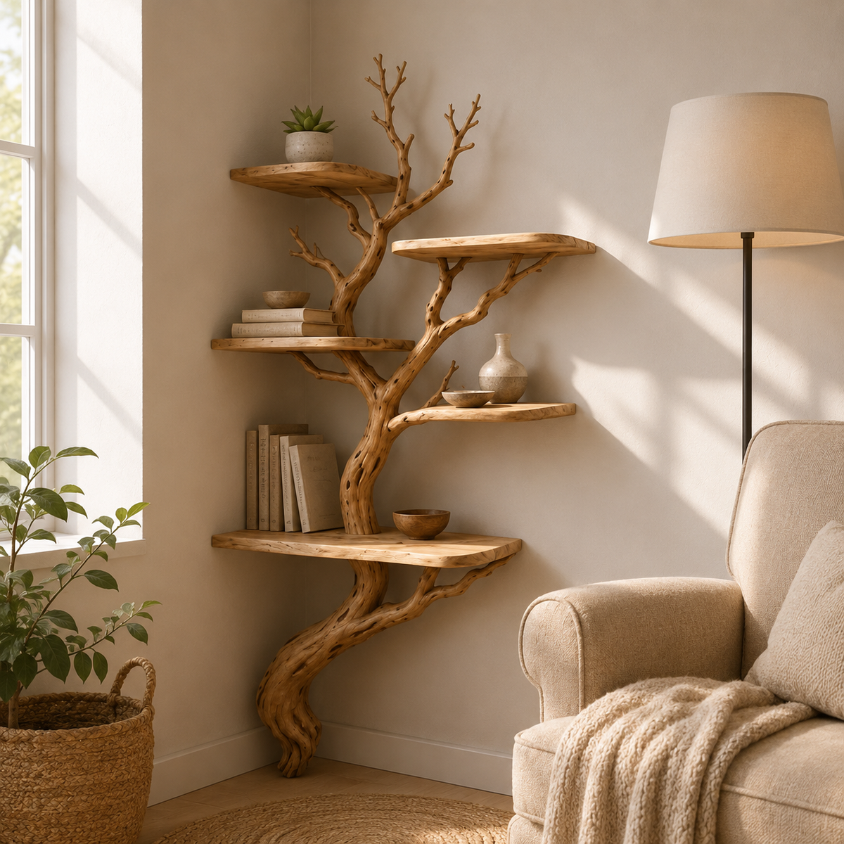 Tree Branch Corner Shelf – Natural Wood Floating Bookshelf