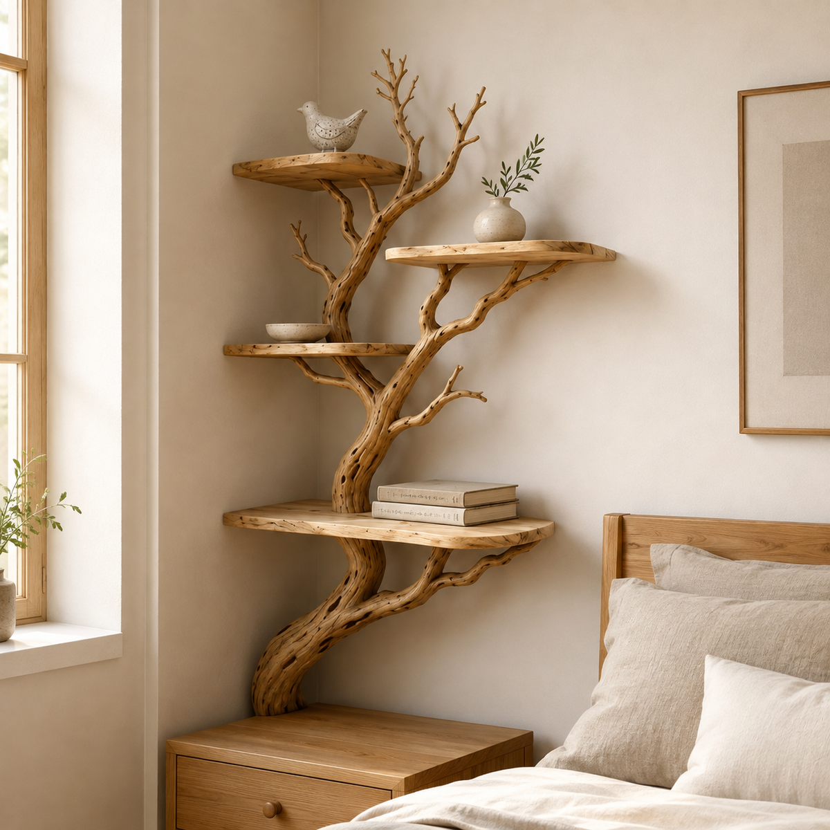 Tree Branch Corner Shelf – Natural Wood Floating Bookshelf