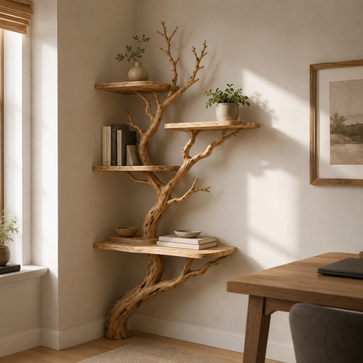 Tree Branch Corner Shelf – Natural Wood Floating Bookshelf