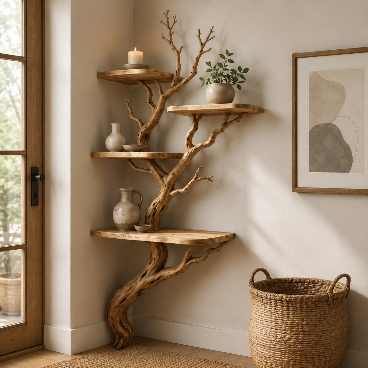 Tree Branch Corner Shelf – Natural Wood Floating Bookshelf