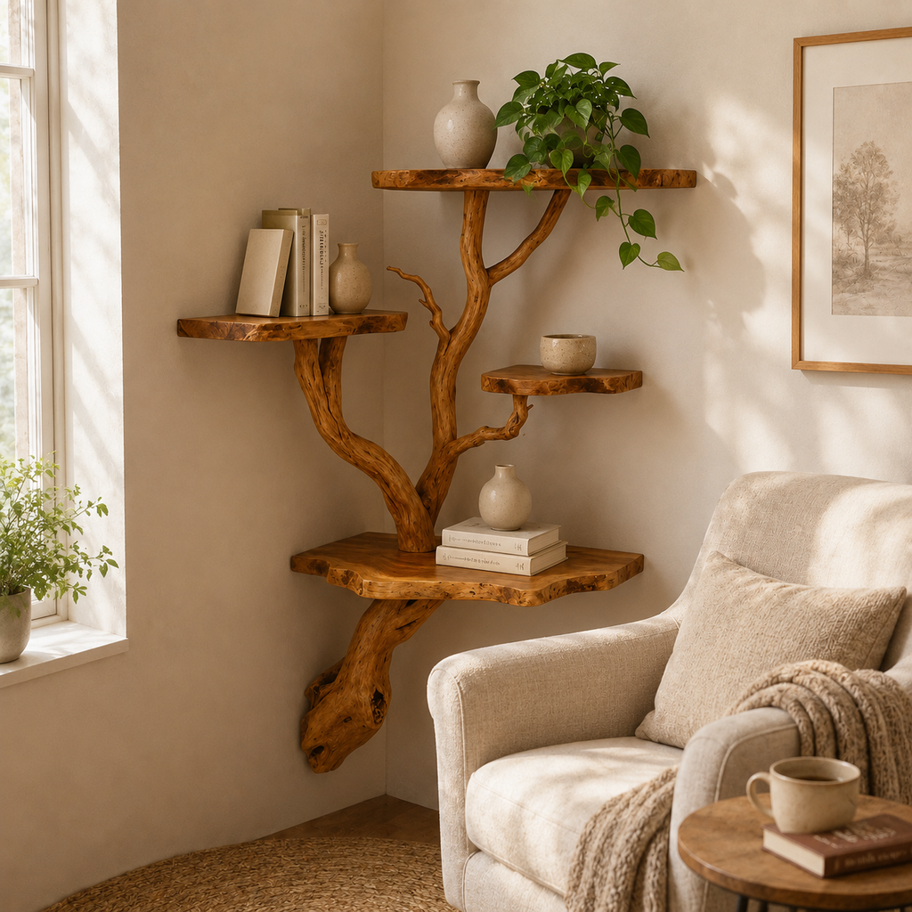 Tree Branch Display Shelf – Natural Wood Wall-Mounted Shelf
