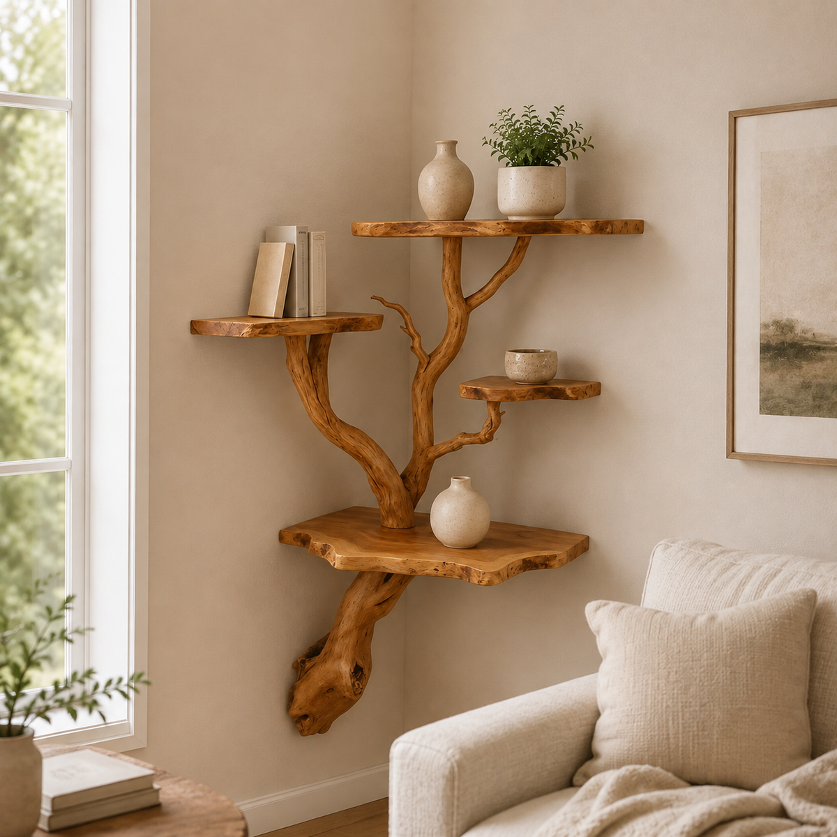 Tree Branch Display Shelf – Natural Wood Wall-Mounted Shelf
