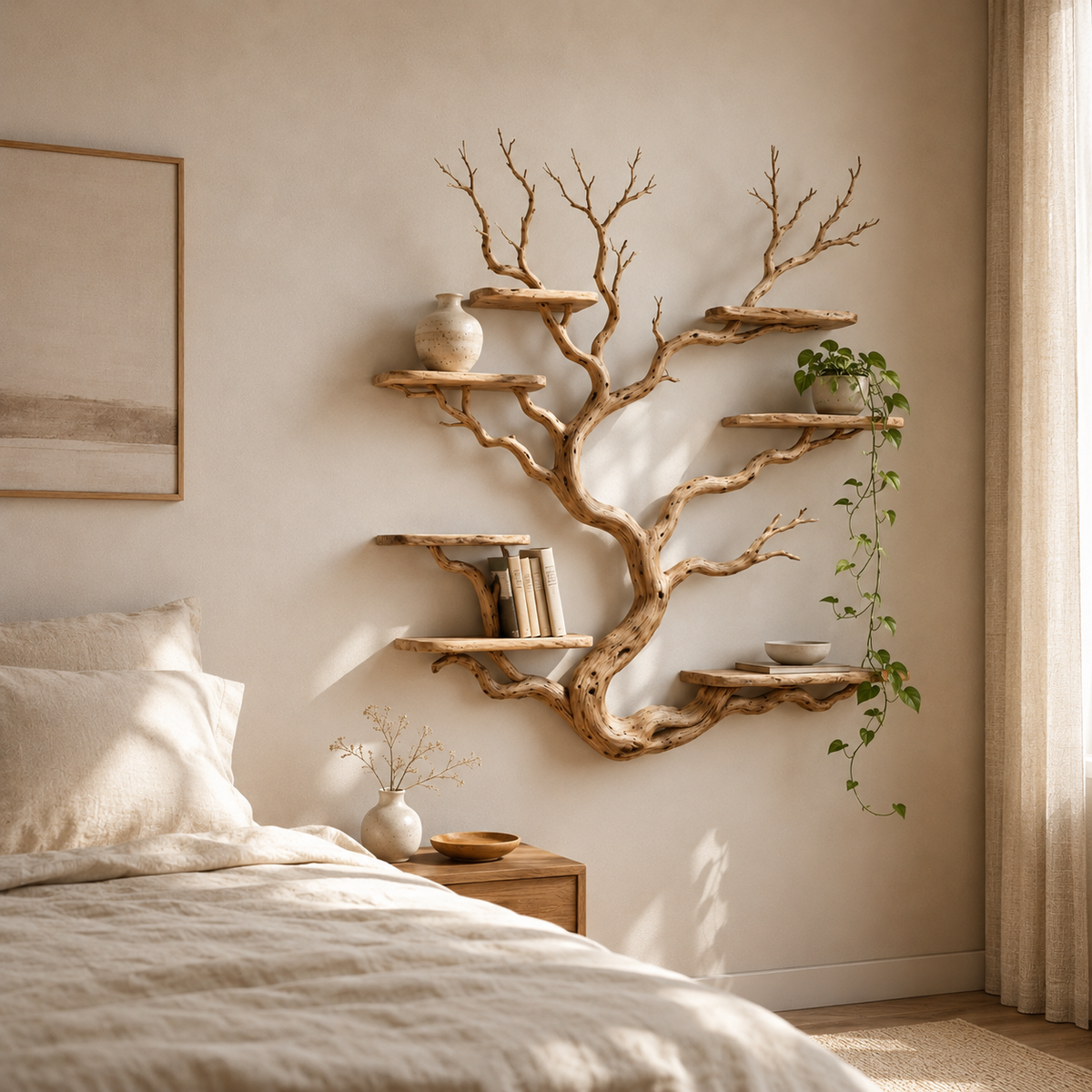 Tree Shaped Wall Shelf – Natural Wood Branch Bookshelf