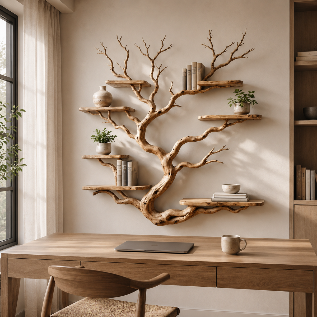 Tree Shaped Wall Shelf – Natural Wood Branch Bookshelf