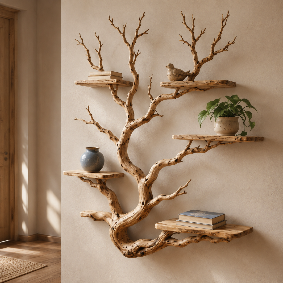 Tree Shaped Wall Shelf – Natural Wood Branch Bookshelf