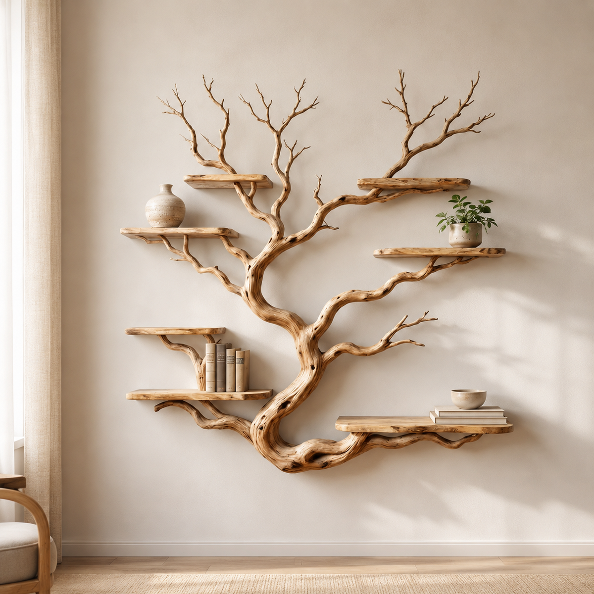 Tree Shaped Wall Shelf – Natural Wood Branch Bookshelf