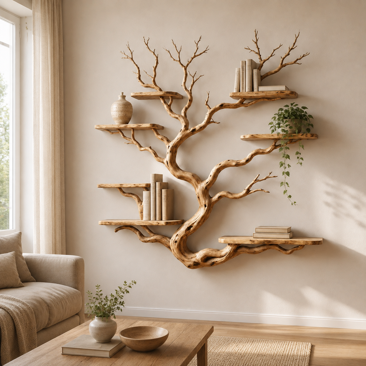 Tree Shaped Wall Shelf – Natural Wood Branch Bookshelf
