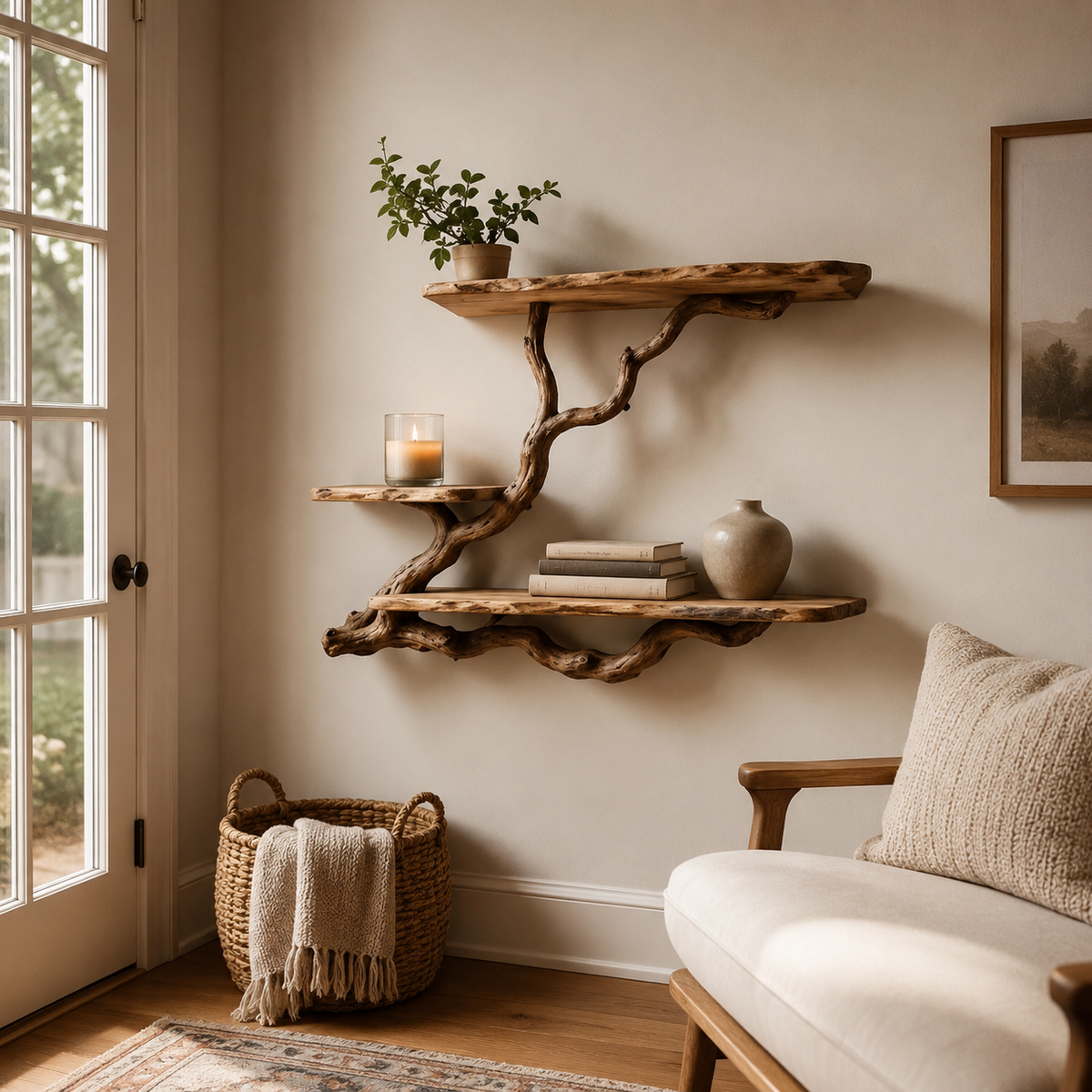 Tree Branch Floating Shelf – Natural Wood Wall-Mounted Bookshelf