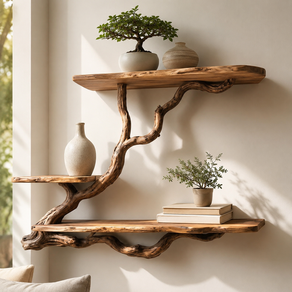 Tree Branch Floating Shelf – Natural Wood Wall-Mounted Bookshelf