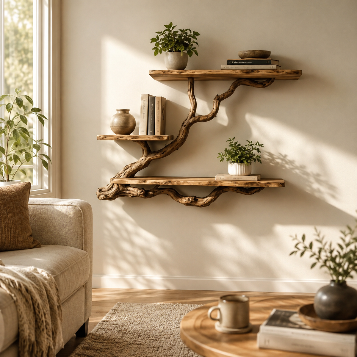 Tree Branch Floating Shelf – Natural Wood Wall-Mounted Bookshelf