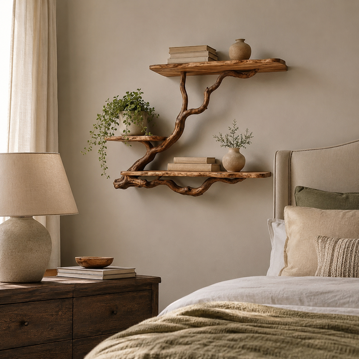 Tree Branch Floating Shelf – Natural Wood Wall-Mounted Bookshelf