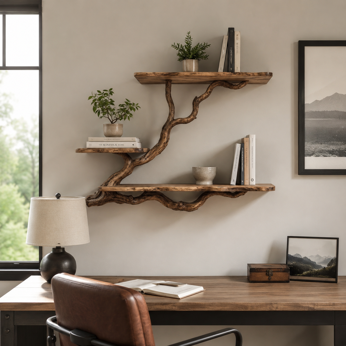 Tree Branch Floating Shelf – Natural Wood Wall-Mounted Bookshelf