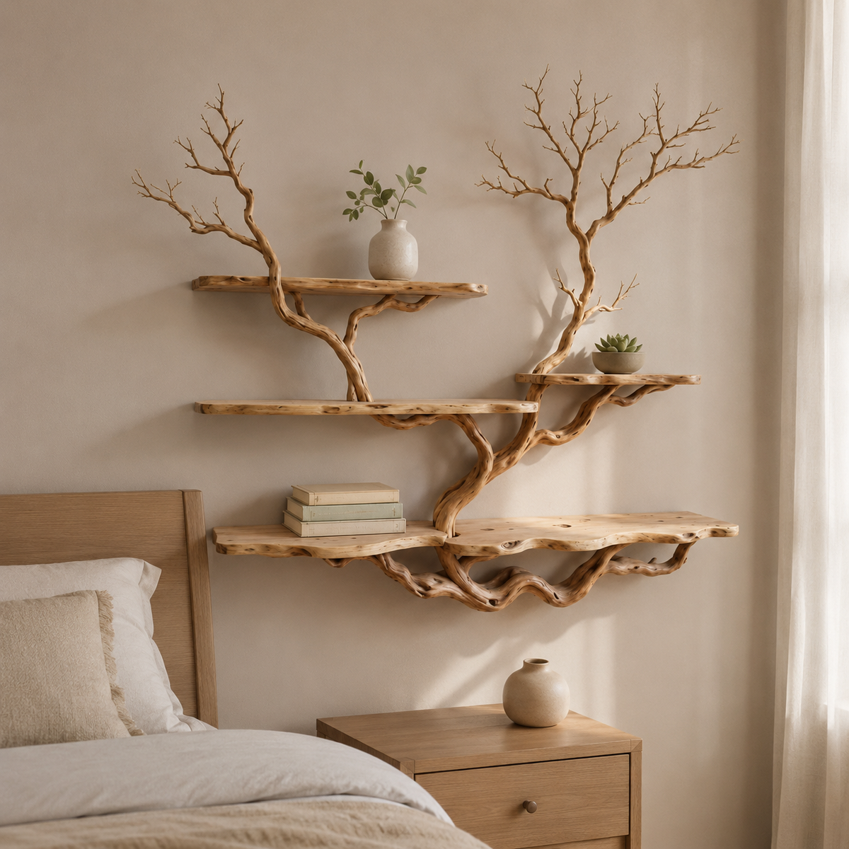Wall Mounted Tree Bookshelf – Natural Branch Floating Shelves
