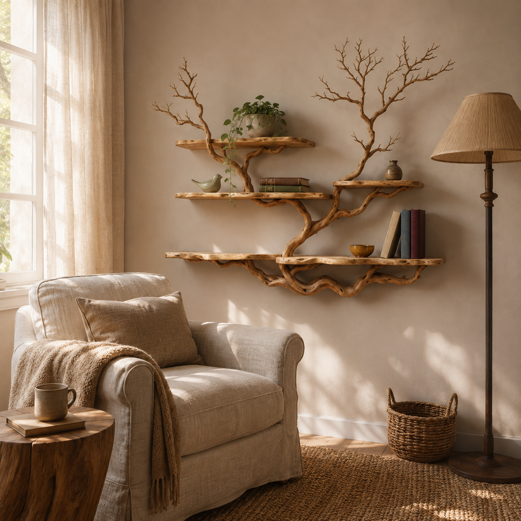 Wall Mounted Tree Bookshelf – Natural Branch Floating Shelves