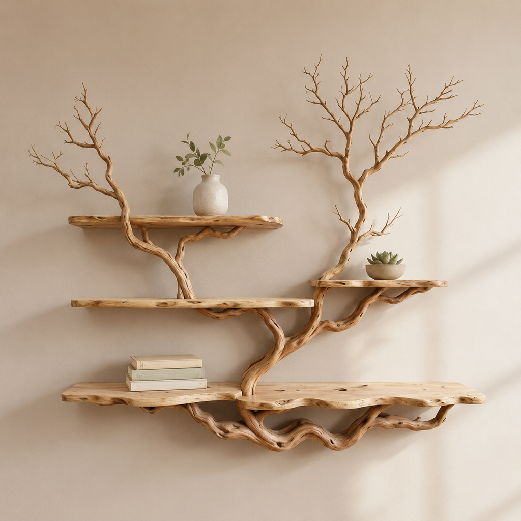 Wall Mounted Tree Bookshelf – Natural Branch Floating Shelves