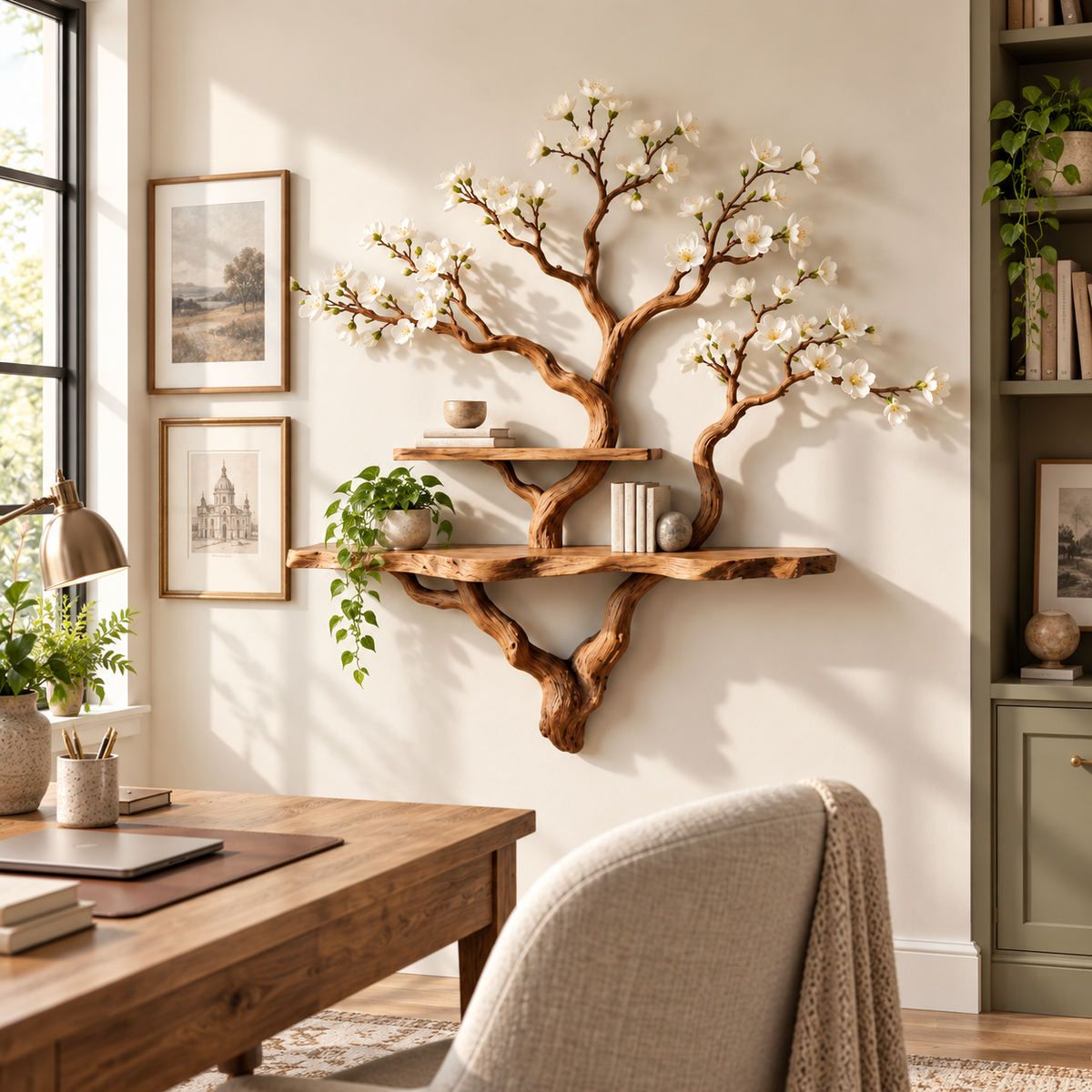 Wide Driftwood Branch Wall Bookshelf