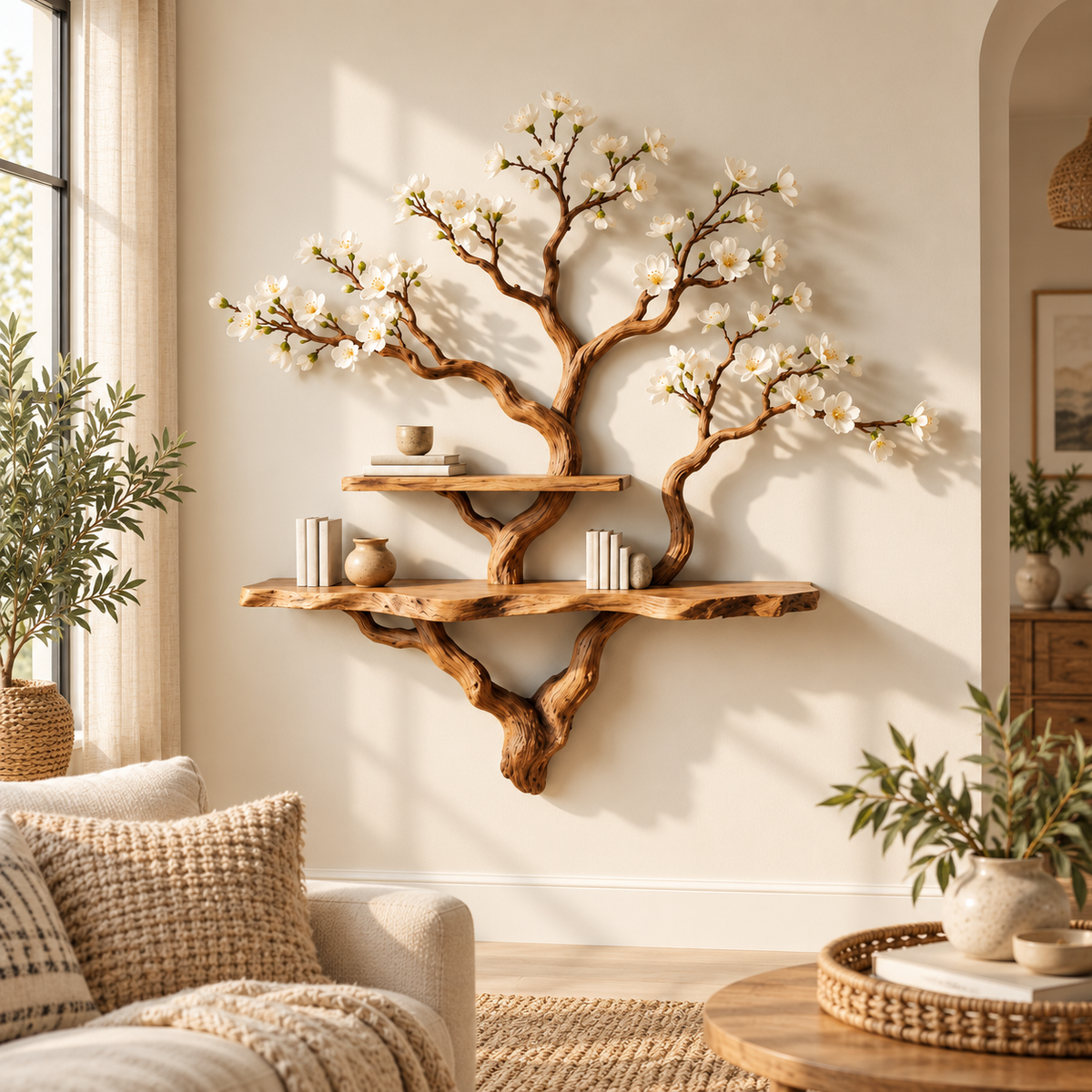 Wide Driftwood Branch Wall Bookshelf