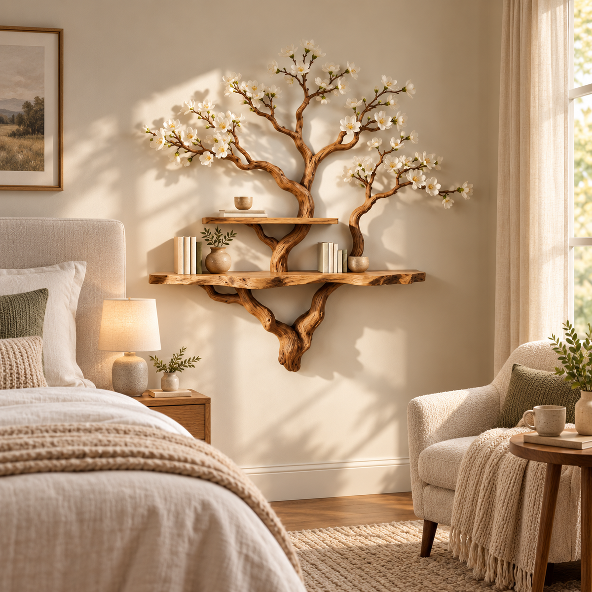 Wide Driftwood Branch Wall Bookshelf