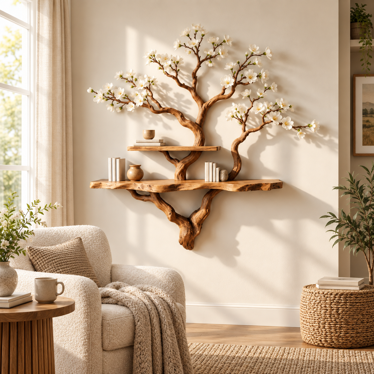 Wide Driftwood Branch Wall Bookshelf