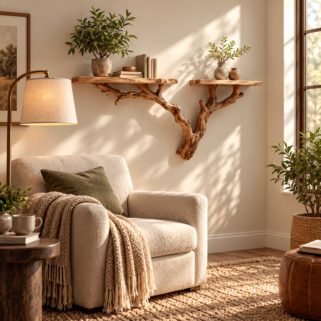 Wide Driftwood Tree Wall Shelf