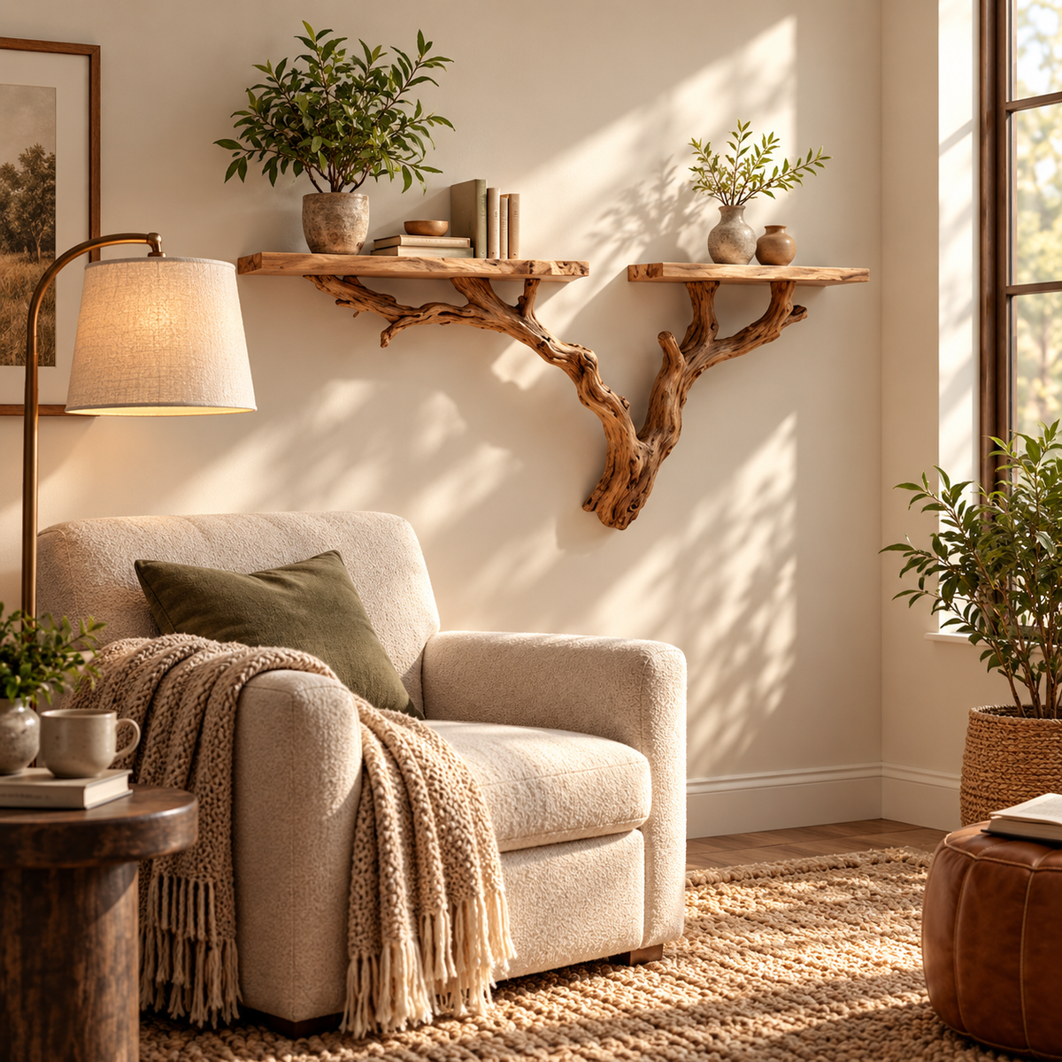 Wide Driftwood Tree Wall Shelf